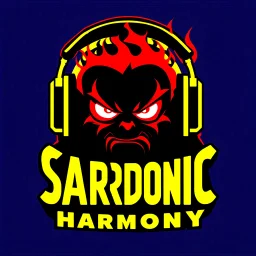 minimalist logo for rock band jaundiced yellow text "SARDONIC HARMONY" in a futuristic font, sinister evil marshmallow head with headphones and red flames silhouette, dark negative space, stylish, wow factor