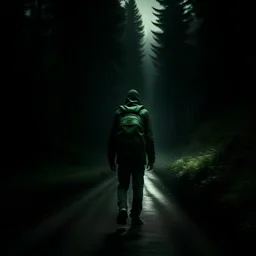 a lonely figure with a backpack, leaving a metropole, on a road, into a forest, photo quality, dark green light