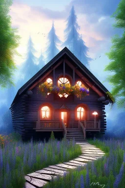 romanticism, fine detail mystical forest, wooden cabin, purple blue yellow silver teal black olive azure, red, pink, brown, flowers,