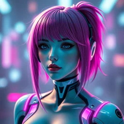 a pretty cyberpunk girl, android, bright hair, futuristic