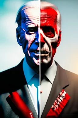 Ultra realistic image, joe biden zombie, zombie performance, skull, blood, torn arm, night, walking twisted, waist up view, thriller style, dark ambient, highly detailed, White House background, concept art, unreal engine 5, god rays, ray tracing, RTX, focal lighting, ultra detail, volumetric lighting, 3d, finely drawn, high definition, high resolution.