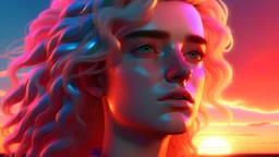 HYPER REALISTIC VAPORWAVE POSTER WOMAN SUNSET unreal engine fine hair extreme detail