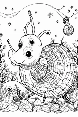 HAPPY NEW YEAR coloring page for kids, A cute snail carrying a lantern through a starlit forest, thick outline, low details, no shading, no color