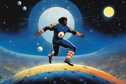 Ah, the football player of the Redemption (art by Philippe Druillet's Délirius, 1973, written by Jacques Lob), a dynamic and surreal athlete on the ethereal pitch of the mondial, surrounded by the vast expanse of space, dancing among the shimmering stars.
