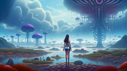 detailed matte painting of a wide-angle shot of a woman standing on the right-hand side of an alien beach, with dark hair in a silver robotic catsuit, many floating mushrooms with jellyfish tentacles, alien jungle trees in the distance, deep colour