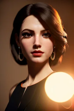 young business woman, brown hair, dark orange eyes, hoop earrings, red blouse, elegant, dark eyeshadow, black eyeliner, high arch angular eyebrows, head and shoulders portrait, 8k resolution, WLOP, Alphonse Mucha dynamic lighting, hyperdetailed, intricately detailed, retroanime