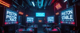 cyberpunk imagery synchronized mechanical drumming flickering CRT screens saying "PISTON STABLE"