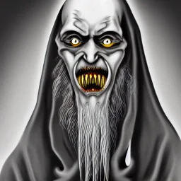 Nosferatu with four yellow eyes with tentacle beard grey skin and vampire fangs as a Russian Orthodox bishop