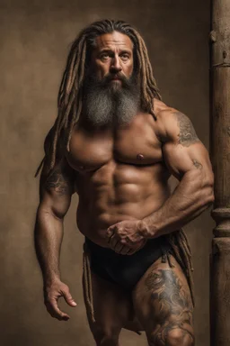 full figure shot, very realistic photography, ugly tired beefy stocky gipsy 45 years old , very oiled body, very detailed, dim light, view from below, short beard, emotive eyes, dreadlocks, tattoo, bullneck, mature barely burly bearded muscled and robust , bulge, seamlessly blending big masculine forms , editorial ambiance, cross-processing effects, big shoulders, ambient occlusion , bright shiny light, Iridescent scales and luminescent textures, impressive composition, volumetric light,