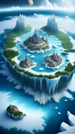 Tropical islands in the ocean. Surrounded by ice. Each island has a fortress. All this on another planet where civilization was destroyed by cold.