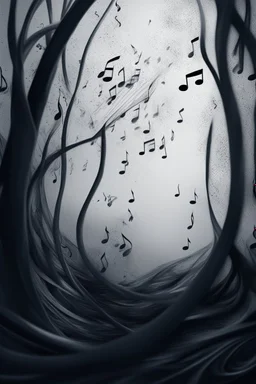 A realistic drawing in negative space black ink on white background of a musical notes and twisted notes 3D with abstract brushstrokes to enhance sheets music pages max enrist