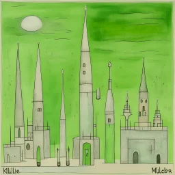 A pale light green facility with missiles painted by Paul Klee