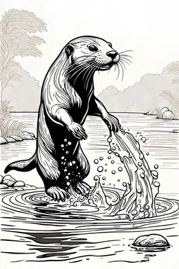 realistic line drawing for the coloring page with a giant otter (Pteronura brasiliensis) splashing in the water, with jumping fish and lush river banks in the background. white background, sketch style, pure line art, no shadows, clear and well outlined, only the outer line