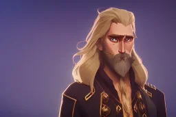 Blonde braided long haired bearded tall man wearing gold rings and long fur trimmed merchant's coat, dark background, dynamic lighting, full body character design, golden glowing eyes