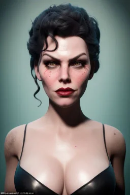 Hannah Waddingham as evil queen in black leather, busty, cleavage, voluptous, rebecca Welton, angry, stern look. character design by cory loftis, fenghua zhong, ryohei hase, ismail inceoglu and ruan jia. unreal engine 5, artistic lighting, highly detailed, photorealistic, fantasy