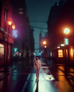 Night street scene with big hair monster, Wes Anderson style, realistic photo, concept art, smooth, unreal engine 5, god lights, ray tracing, RTX, lumen lighting, ultra detail, volumetric lighting, 3d.