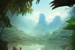 a highly detailed matte painting of a beautiful tropical jungle with a hidden city by mokoto shinkai, by greg rutkowski, by artgerm, by beeple, golden hour, cinematic lighting, octane render, 4k resolution, trending on artstation