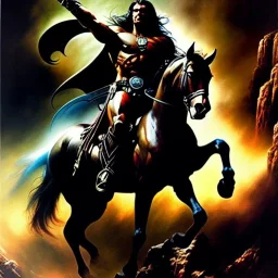 portrait oil on canvas,Death Dealer riding black horse,comic book cover, mystical colors,insanely detailed,realistic,intrincate detail, 16k resolution, masterpiece,Frank Frazetta, Alex Horley, Simon Bisley,Oscar chichoni