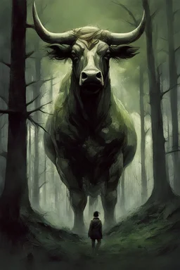 A bull or a horse with a wooden totem on its back, in the middle of the forest. Opposite is a tree with a green-skinned man on it., by Ryohei Hase, Agnes Cecile, Raymond Swanland, Anne Bachelier