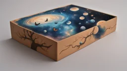 a box 10 cm long by 5 cm wide and 25 cm high, drawn on a box on all sides, space, tress, planets, butterfly nebula, crow, realistic