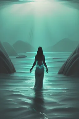 A sea monster emerging from the ocean with many lights. A lady wearing the traditional Maldives libaas, awaits near the shore helpless and scared. This should be a night scene.