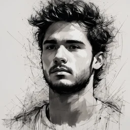mixpnk style, scribbly scribbles pen and ink small line pencil sketch of head and shoulders of young man, intricate details and precisely drawn in style of jeremy mann