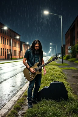 a very disappointed member with guitar case, dark long hair and beard of a death hard rock band who has been kicked out of a rehearsal space in Sweden, old factories style with bricks, deserted place overgrown plants and grass, he stands outside in the rain and cries, street lamps shining, raindrops, wind, empty roads and cycle paths next to it, really bad weather