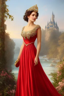 full body shot , beautiful and gorgerous duchess with incredible jewellery in 19th century clothing by Greg Rutkowski and Artgerm and Emile Vernon and Vladimir Volegov, in a red dress, mystical castle background, art illustration, natural beauty, muted colors, pastels, perfect fingers, higly detailed, expressive, high detail, symmetrical, digital painting, symmetrical eyes, dynamic lighting, artstation, cinematic lighting, intricate artwork, emitting diodes, smoke, artillery, sparks, racks, s