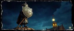 ornate shield on a stick and dwarf, pinhole cam, airbrush 3d rendering, in the style of John Atkinson Grimshaw , torn edges on border