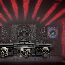 DJ of the damnded, insanely detailed DJ booth in hell, MID set, speakers and equipment made of bone, anatomically correct, add more skulls in th audience, photorealism, vray, 8k 3d, woofers in all empty eye sockets of stage equipment, wide angle, telephoto, from audience, all multicolored skulls,