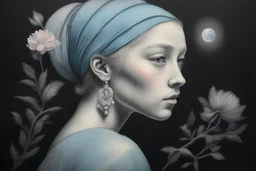 flower cut, girl with pearl earring S<AI in moonlight, shaded pastel and charcoal drawing, bioluminescent, holographic