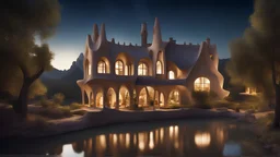 beautiful house, perfect architecture, style Antoni Gaudi, rural environment, night, stars, volumetric lighting, trees, river, distant mountains, award-winning photograph, photorealism, superb details, light and shade, beautiful composition, arts-and-crafts, attractive, peaceful, exquisite