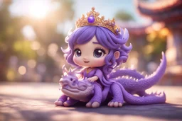 a cute chibi purple lace princess sitting on a wild chinese dragon and dynamically riding it in sunshine, cinematic postprocessing, bokeh, dof