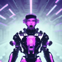 handsome, cute man, handsome man in futuristic suits, black and white highlight hair color, pink and purple background, pink lighting, deep purple backlighting, gun, smoke, robot suits