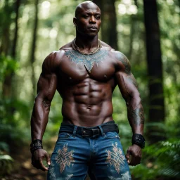 Alimi Ballard Very muscular man bald with tribal tattoos wearing jeans and a teeshirt, fantasy, forest backdrop