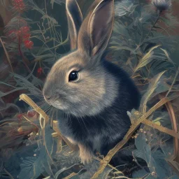 fantasy magic, sharp focus, illustration, highly detailed, digital painting, concept art, art germ and Paul Lewin and Kehinde Wiley, masterpiece silver solo rabbit, dark blue aye