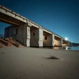 Fotografia di un grande ponte moderno brutalista, che sembra un tugurio, parzialmente sommerso. La struttura è erosa e inglobata dal paesaggio naturale, come se il tempo o l'ambiente avessero iniziato a "riassorbirla". Notte. L'atmosfera è desolata e surreale, con un ambiente circostante spoglio e sabbioso hasselblad h6d400c --ar 85:128 --v 6.0