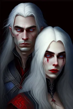 A couple, from the dnd game curse of Strahd. The woman is beautiful, has long white hair and blue eyes, the man has LONG BLACK hair and red eyes, no facial hair.