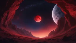 A stunning night sky seen from the bottom of a deep valley. millions of stars. A red half moon. exquisite realism, a masterpiece, fantasy concept art, dynamic lighting, hyperdetailed, intricately detailed, deep color, Unreal Engine, volumetric lighting, Epic cinematic brilliant stunning intricate meticulously detailed dramatic atmospheric maximalist digital matte painting