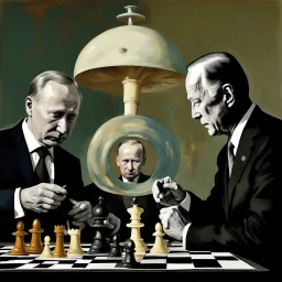 Putin, President Xi Of China And Joe Biden Play Chess With A Pigeon,Ufo And Atomic Bomb Mushroom Cloud,Complex Surgical Instruments Intermixed With A Newborn Boy,Minimalism,Painting By Adrian Ghenie,Rene Magritte,Pablo Picasso,Michelangelo,Salvador Dali,Lucian Freud