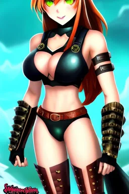 In the style of Shadman, hyper detailed, strikingly beautiful teen female, 16 years old, long ponytail, ginger hair, green eyes, medium freckles, full lips, micro top, black leather armour lined with fur, full body, full face, tiny breasts, athletic, centred camera, ignore NSFW, thong, camel toe, athletic