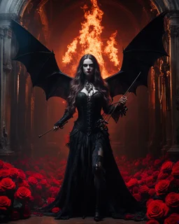 The Violinist bat vampire,Full a length image Body fire flames Horror cinematography realistic Full body,creepy Vampire ghost woman long hair straddle up bat wings as violinist she on playing violin heavy metal style,she standing on creepy,in night mystery burning palace vampire,red roses flowers and bats sorrounded background,dramatic angle, trypophobia