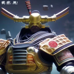  robot samurai with yakuza tatu, atmospheric, realistic, unreal engine cosmic galactic, cinematic lighting, octane render, random colors, transparent, cosmic ambiance, masterpiece, art by Yoji Shinkawa, composing fit inside, masterpiece