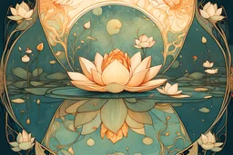 Bordered digital illustration of a Lotus Reflection by Victo Ngai. Art nouveau, Tarot card. High quality, masterpiece.