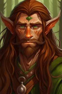 Gnom, braune lange wilde Haare, große, auffällig dicker Nase, grüne Augen, sehr jung (etwa zwanzig Jahre) , Druide, gebräunte Haut, Zeichen im Gesicht, keine Falten im Gesicht, etwas dicker, Mann