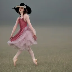 A lonesome cowboy in a ballerina dress is dancing in the prairie