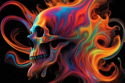 Flourescent Trippy Psychedelic wisps of colorful smoke in the form of a skull on a black background holographic translucent 3d liquid detailing 3d liquid shading melting oil melting acrylic 8k resolution concept art fantasy art Splash art Deviant Art hyperdetailed volumetric lighting inspired by Dali, Alex Grey, Peter Max