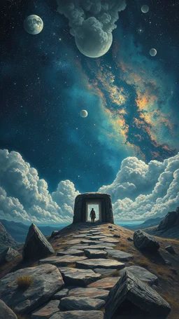 A journey Back in stone age through a Time Machine in the parallel universe among the galaxies and the stars a big clouds of gas covering the sky from a distance Busch painting style nightmare