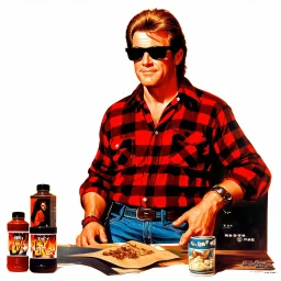 2/3 Roddy Piper from 1988 wearing black shades, lumberjack red and black button-down shirt, mullet, movie still from 'They Live' movie, matte oil painting