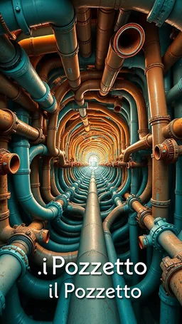 a complex tangle of pipes, joints, vortices of pipes, taps, drain pipes, like a kaleidoscopic tunnel and a text saying "il Pozzetto"